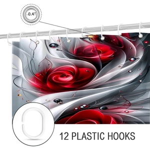 Detail of red rose shower curtain featuring reinforced metal grommets and plastic hooks