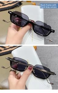 Detail view of black frame sunglasses with black grey lenses and white branded case