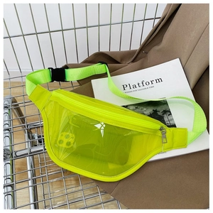 Close-up of neon green transparent PVC waist bag with adjustable strap and zipper
