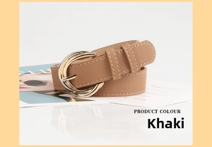 Close-up of khaki faux leather belt with golden double ring buckle and white stitching