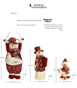 Three plush Christmas snowman figurines set with detailed dimensions on white background