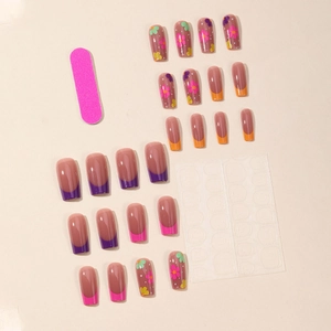 Press-on nail kit with French tips, floral patterns, nail file, and jelly glue stickers