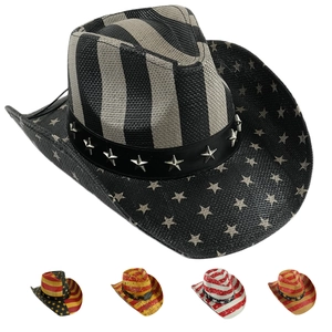 Vintage American flag cowboy straw hat with star pattern brim and studded band decor
