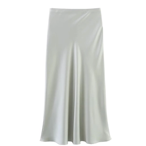 Detailed view of silver grey satin midi skirt texture with elegant glossy silk finish