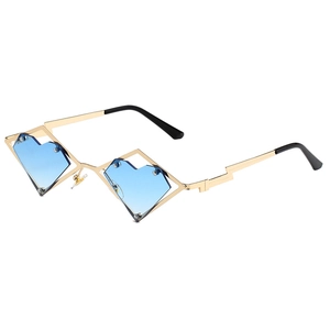 Hip hop heart sunglasses with gold metal geometric frame and blue lenses 45-degree view