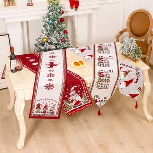 Festive Christmas table runner with faceless gnome jacquard pattern for holiday dining decor