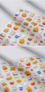 Detail of 3D picnic bear nail stickers featuring textured burger and snack embroidery