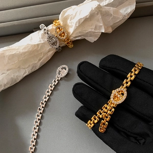 Vintage Luxury Alloy Pave Zirconia Anchor Link Chain Bracelet And Ring Gold Silver Plated Jewelry For Women Elegant Party Hand Accessories
