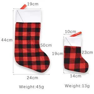 Set of red and black plaid Christmas stockings in two sizes with detailed measurements