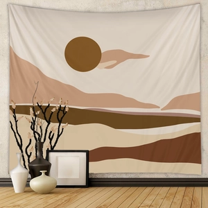 Detail of minimalist boho tapestry with abstract sunset and mountain landscape art
