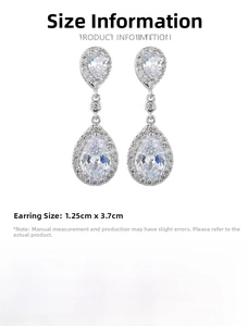 Detailed size view of silver teardrop earrings with AAA cubic zirconia in copper setting