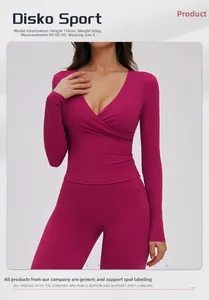 Detail view of v-neck wrap yoga top and high-waisted leggings in elastic magenta fabric