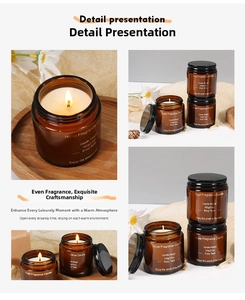 Detail of 100g amber glass scented candle with black metal lid and gold foil printing
