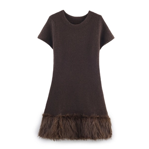 Short Sleeve Dress Faux Fur Trim Knit Polyester Round Neck Solid Coffee Brown Slim Fit Elegant Socialite Style