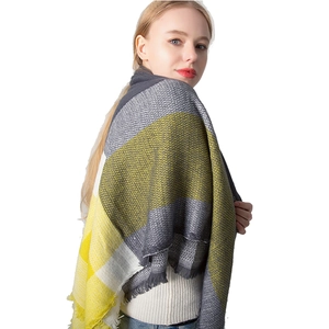 Women's yellow and grey plaid cashmere-like scarf with fringe edges in a soft wrap style