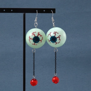 Creepy Halloween long earrings with bloodshot eyeball pendant and red crystal bead