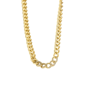 Gold plated Cuban link chain necklace with sparkling cubic zirconia pavé detailing