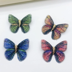 Exquisite mesh embroidery butterfly brooches in four colors with gold metal accents
