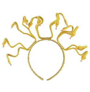 Detail view of golden Medusa headpiece featuring twelve flexible plastic snakes with red eyes