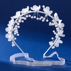 Exquisite white floral headband with pearls and long chiffon ribbon for flower girls