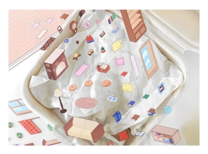 Detail of 3D home scene stickers featuring cozy furniture for DIY scrapbooking