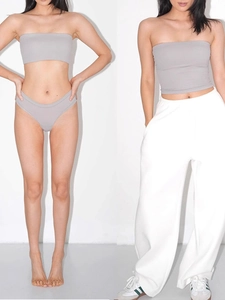 Sexy gray seamless tube top and high cut panty set with white casual wide-leg pants