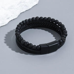 Men's layered black obsidian and lava stone beaded bracelet with woven leather and magnetic clasp