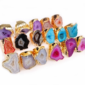 Natural agate geode adjustable rings with gold-plated edges in various vibrant colors
