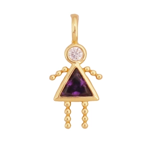 Vue macro d'un pendentif poupée doré avec pierre violette et zircon blanc brillant
