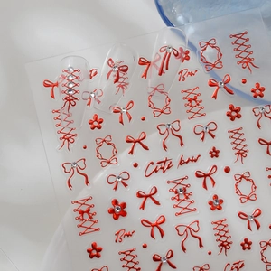 3D embossed red bow nail art stickers with glitter rhinestones and floral patterns