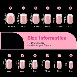 Tableau des tailles pour faux ongles French carrés courts, 120 pièces en 12 tailles
