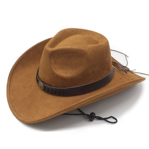 Brown faux suede western cowboy hat featuring leather band with metal bull head emblem