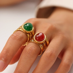 Retro gold stainless steel open rings with oval green and red natural stones in a 2-piece set