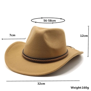 Khaki wool felt cowboy hat detail with brown braided leather band and sizing specifications