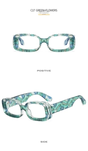 Macro detail of rectangle sunglasses with green leaf pattern and clear lenses