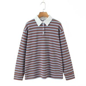 Classic striped long sleeve Polo shirt with blue and brown patterns and white collar
