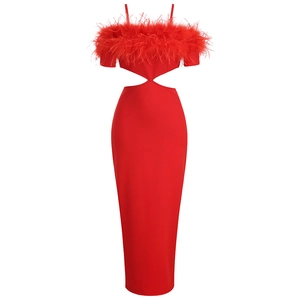 Sexy red off-shoulder maxi dress with feather trim and waist cut-out detail
