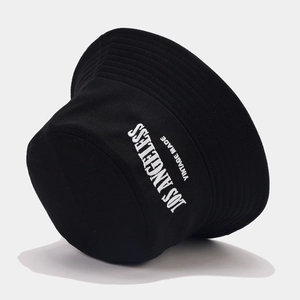 Men's vintage black canvas bucket hat with white Los Angeles embroidery on front