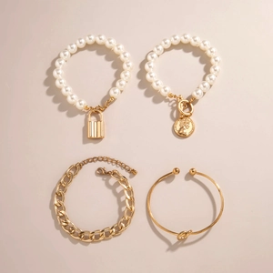Bracelet punk 4 pièces avec perles portrait et serrure gourmette dorée pour hommes femmes