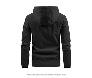 Rear view of black waterproof hooded jacket with elastic cuffs and techwear style