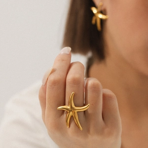 Starfish Star Ring For Women Stainless Steel Gold Plated Open Adjustable Ocean Style Tarnish Free Jewelry