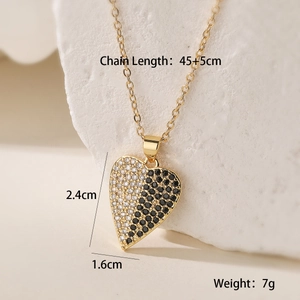 Detailed view of 18K gold plated heart necklace with black and white zircon stone dimensions