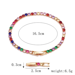 Detail view of colorful zircon bracelet with 16.5cm length and gold-plated finish