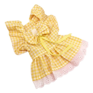 Yellow gingham plaid pet dress with pink lace trim and cute bow tie for small dogs and cats