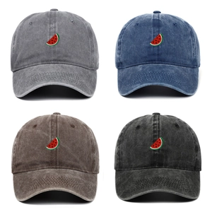 Vintage Washed Cotton Baseball Cap With Watermelon Slice Embroidery Adjustable Retro Dad Hat Casual Sports Sun Hat