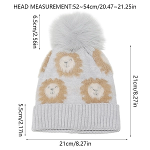 Guide de mesure détaillé pour bonnet tricoté à motif lion avec dimensions de la tête