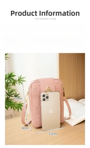 Detailed pink PU phone bag with heart bear embossing, strap, and size comparison