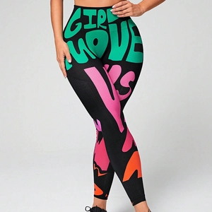 High waist graffiti print yoga pants with colorful lettering for athletic women