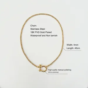 Detail of 18K gold plated stainless steel box chain with minimalist D-ring clasp