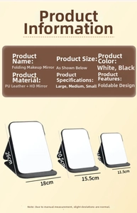 Detailed size guide for portable folding makeup mirrors in black PU leather case